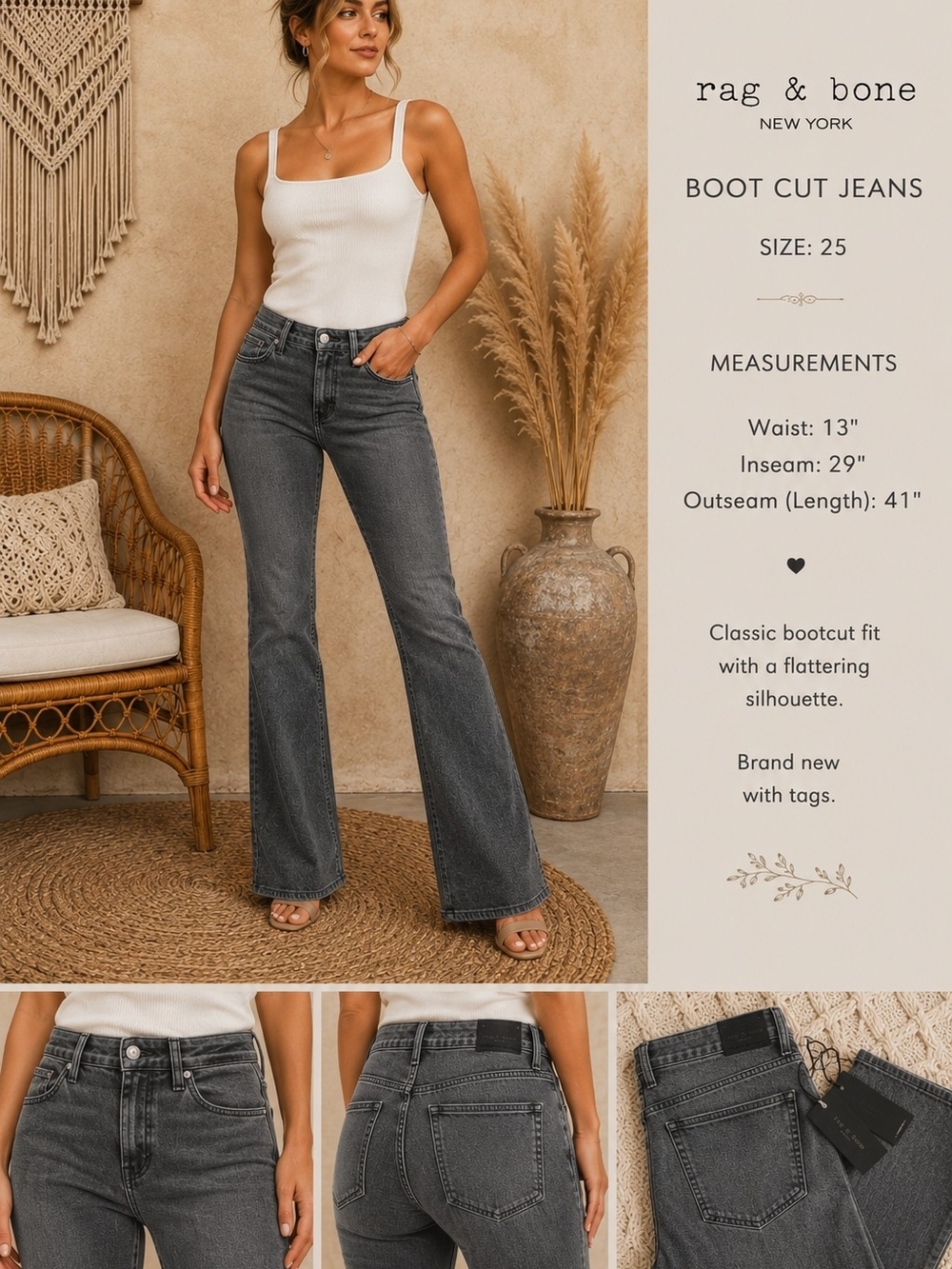 Rag & Bone Bootcut Jeans – Size 25 High- Rise 98% Cotton.